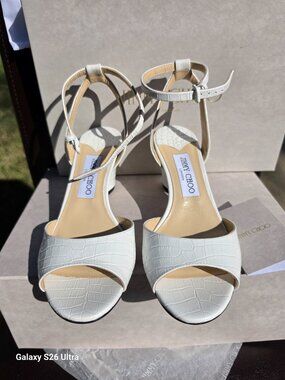Jimmy Choo Miranda 65 Croc Embossed Leather Block Heel Sandals - White - Size 37